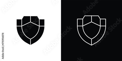 A modern shield-shaped vector illustration icon with a minimalist geometric style. This design features a symmetrical shape resembling a flower or abstract symbol, available in both solid and outline 