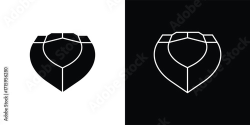 A modern shield-shaped vector illustration icon with a minimalist geometric style. This design features a symmetrical shape resembling a flower or abstract symbol, available in both solid and outline 