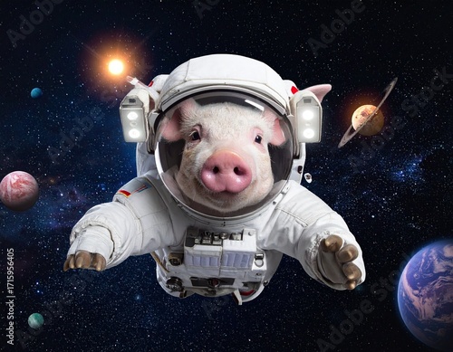 Pig astronaut floats among planets and stars in outer space, exploring the cosmos with curiosity and wonder.