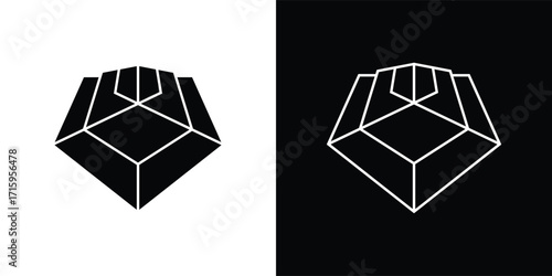 A modern shield-shaped vector illustration icon with a minimalist geometric style. This design features a symmetrical shape resembling a flower or abstract symbol, available in both solid and outline 