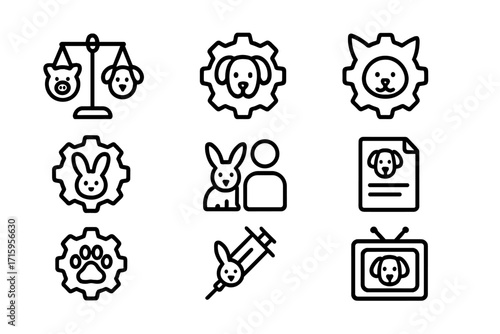 Pet care icons: animal welfare guide with veterinary symbols and adoption imagery