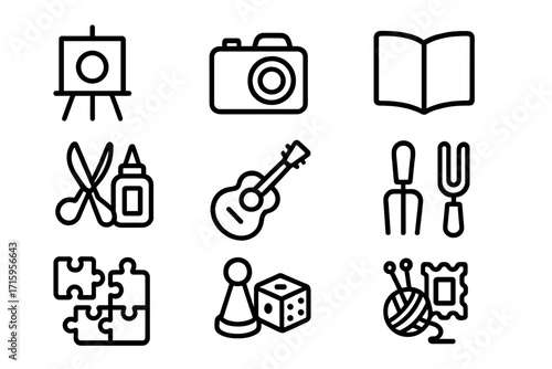 Creative hobby icons set: art, photography, music, and crafts in linear style