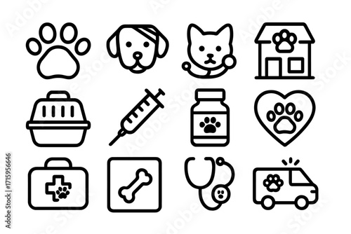 Pet care icons: veterinary essentials in minimalist black outline style