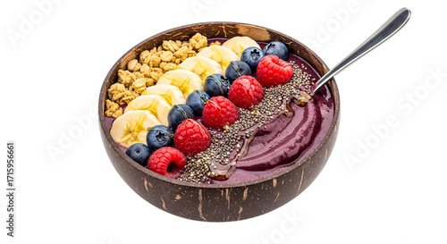 Acai bowl with fruit and granola isolated on transparent background
