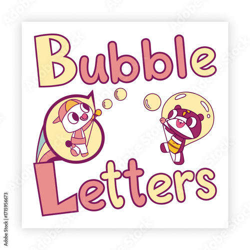 Whimsical illustration featuring adorable cartoon characters joyfully interacting with colorful bubble letters, perfect for kids' designs, learning materials, and vibrant merchandise