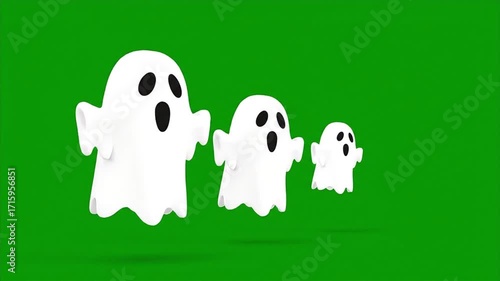 Three cute, cartoonish ghosts floating on a vibrant green background, ready for Halloween fun.