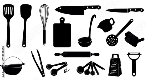 Flat lay of various black kitchen utensils and tools against a white background, including knives, spatulas, whisks, and measuring cups,  creating a simple and