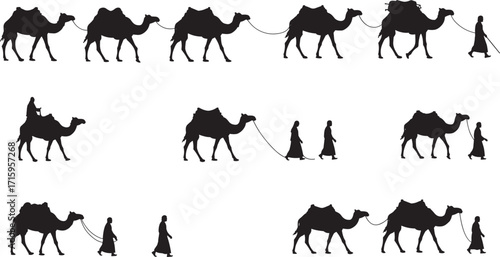 Silhouette caravan of camels walking in desert, travelers riding camels, camel caravan journey, traditional transport, desert travel, adventure tourism, nomadic lifestyle