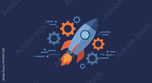 Flat lay image of a rocket launching surrounded by gears, conveying a dynamic and innovative mood against a dark blue background.  The illustration uses a flat design