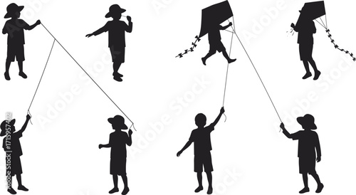 Silhouette children flying kites, outdoor activity, childhood fun, summer play, freedom joy, kids recreation, sky festival, traditional game, happy lifestyle