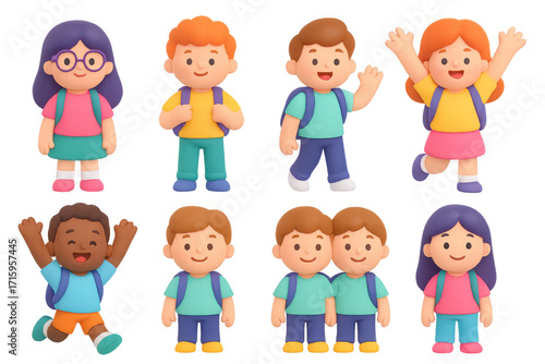 Diverse group of 3d cartoon children with backpacks