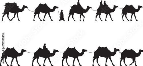 Silhouette caravan of camels walking in desert, travelers riding camels, camel caravan journey, traditional transport, desert travel, adventure tourism, nomadic lifestyle