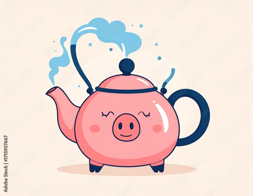 Fototapeta premium Pink pig teapot steams gently on a cream colored surface, creating a whimsical and cheerful atmosphere with its cute design and playful steam effect.