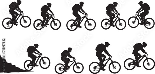 Silhouette cyclist riding mountain bike, outdoor adventure, extreme sport, cycling activity, fitness exercise, active lifestyle, backpack travel, road biking, endurance challenge