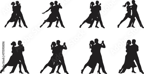 Silhouette couple dancing tango, ballroom performance, romantic dance, passion movement, , 