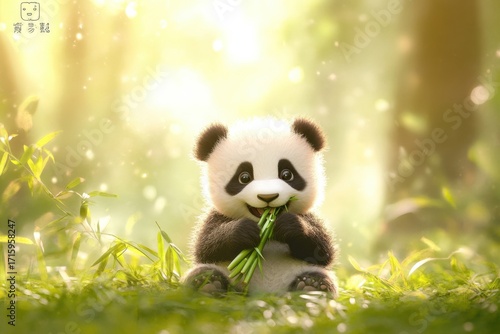 Playful panda eating bamboo in a serene forest cute animal photography natural environment close-up view wildlife concept
