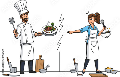 Cartoon chefs cooking competition, angry female chef arguing with smiling male chef, kitchen drama, culinary rivalry, humorous illustration, restaurant conflict scene