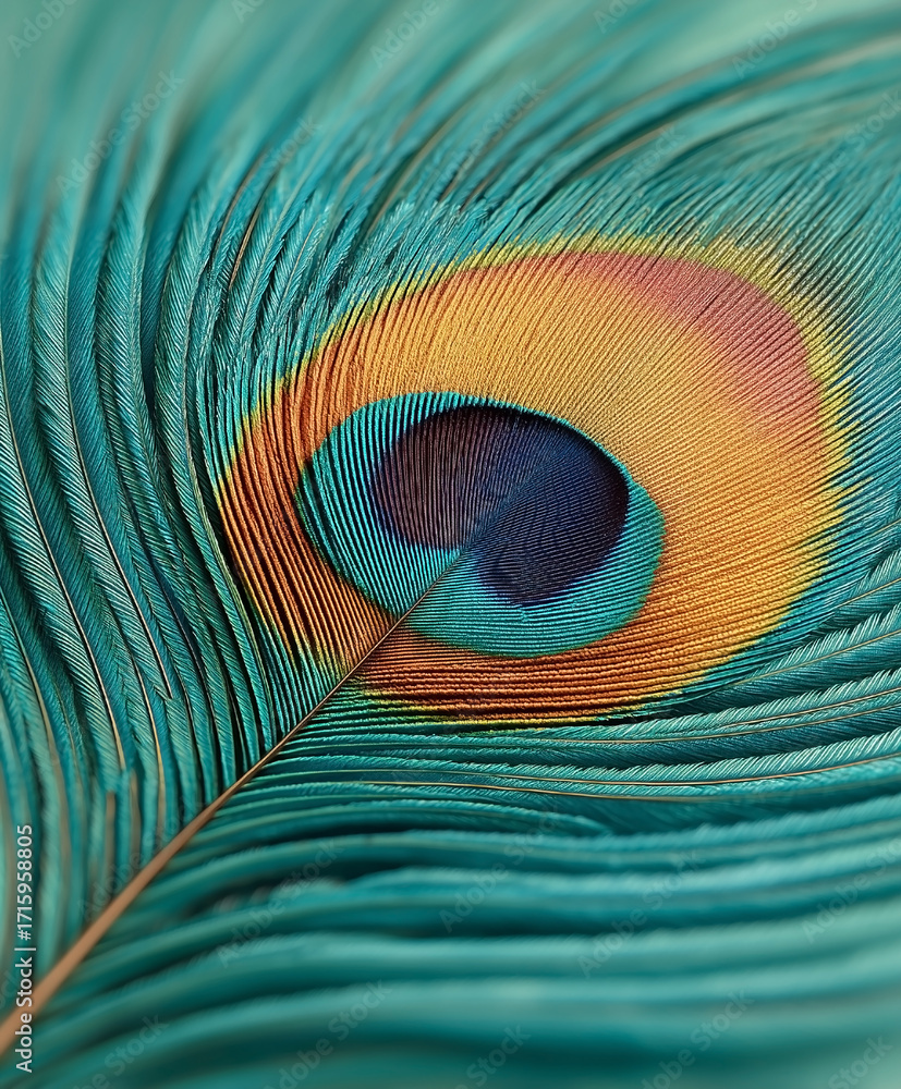 Obraz premium Close up of a peacock feather with a blue and gold color. The feather is very detailed and has a unique pattern. Concept of beauty and elegance