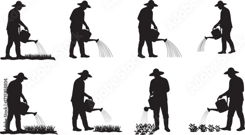 Silhouette of farmer watering plants, gardening activity, agriculture care, eco farming, nature growth, rural lifestyle, watering can, outdoor cultivation