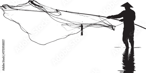 Silhouette of fisherman casting net in river, traditional fishing method, rural lifestyle, water reflection, Asian culture, fisherman working hard