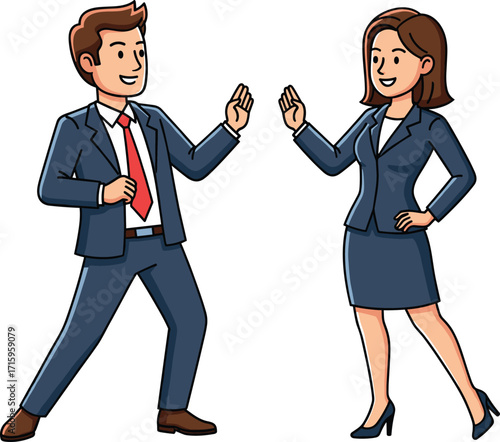 Business teamwork success concept, professional man and woman high five, corporate partnership, office collaboration, achievement celebration, leadership, motivation,