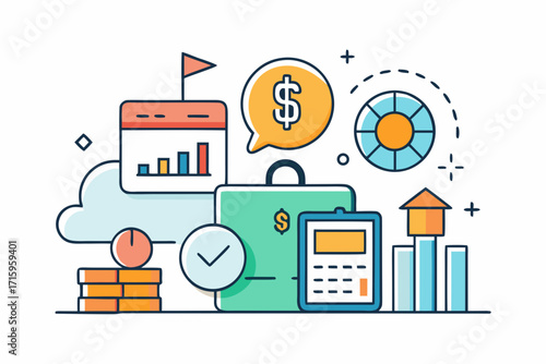 Financial Planning and Investment Strategy Illustration with Business and Economic Elements