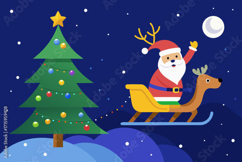 Cartoon Santa Claus riding reindeer sleigh with Christmas tree at night