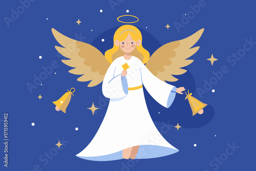Cute Christmas angel with golden wings and bells illustration