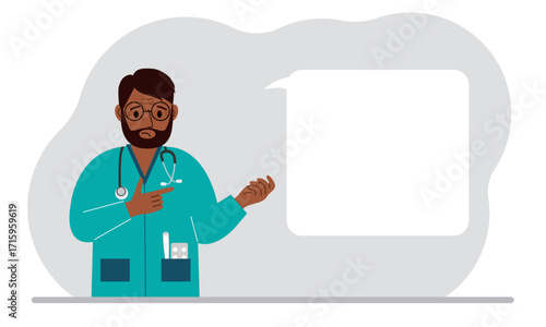 Man doctor holding a file with blank paper for text. Vector