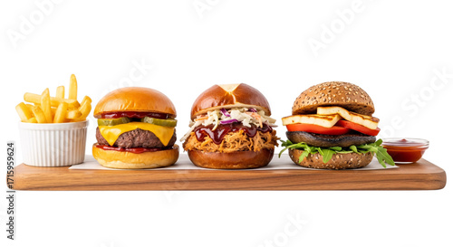 Three gourmet burgers and french fries isolated on transparent background