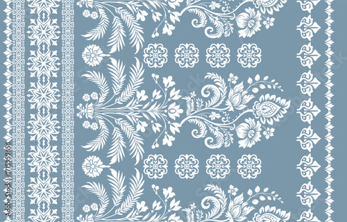 floral pattern vintage ethnic modern embroidery texture boho design vector illustration hand drawn pink flower motif branches leaves wallpaper seamless background border.