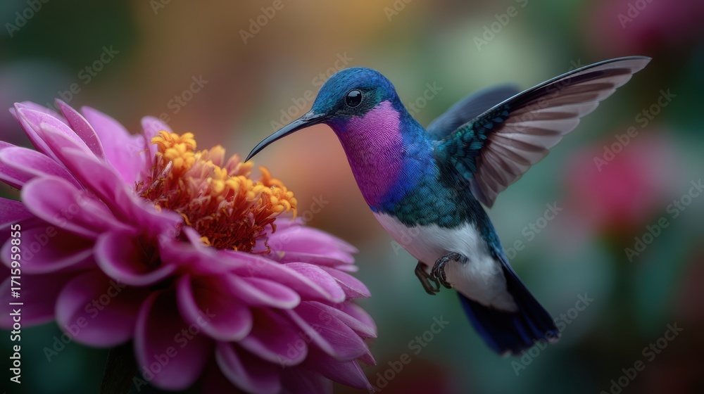 Fototapeta premium Violet Sabrewing Hummingbird feeds on a Dahlia blossom in a vibrant garden