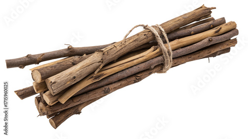 Bundle of natural wooden sticks tied with rope for crafts or kindling isolated on transparent background