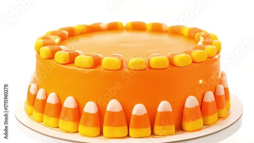 Festive orange cake decorated with colorful candy corn for a sweet Halloween celebration.