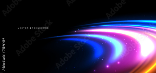 Muticolor curve ray streaks on dark blue background. Hi speed movement concept.