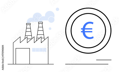Factory building with operating chimneys and Euro sign emphasizing industrial production, financial flow, manufacturing, and economic growth. Ideal for trade, business, industry, economy, finance