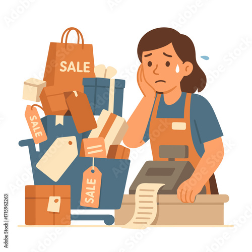 Flat vector illustration of a tired cashier at checkout counter during sale. Cash register with long receipt, shopping cart full of bags and boxes. Concept of Black Friday and holiday rush
