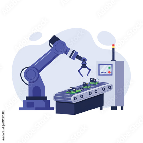 A robotic arm precisely assembles small electronic components on a moving conveyor belt in a modern factory, rendered as a flat 2D vector illustration with clean outlines and vibrant colors.