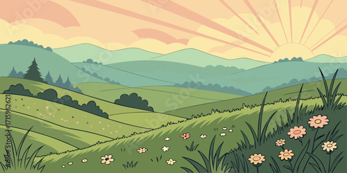 Cartoon sunrise nature landscape background with green hills, bright sun rays, blue sky, and fluffy clouds. Colorful vector illustration for kids, posters, games, and animated scenes.