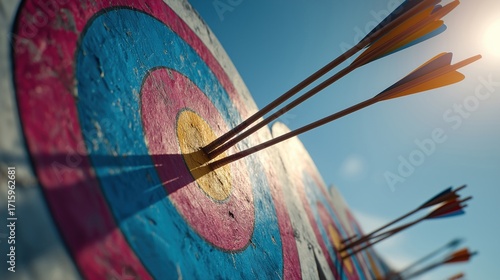 Close-up of multiple arrows striking a colorful archery target under clear blue sky, symbolizing precision and success, perfect for sports or achievement themes.