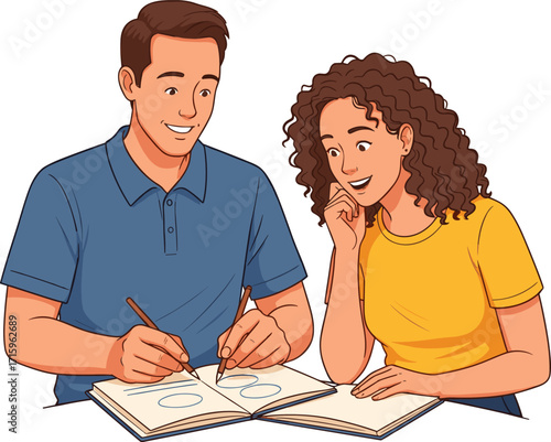 Educational tutoring session, student learning shapes, teacher guiding drawing, collaborative study, geometry lesson, creative learning, classroom activity,
