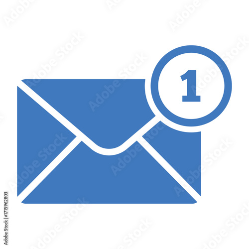 Blue email notification icon with number one indicating a new message in simple flat vector design