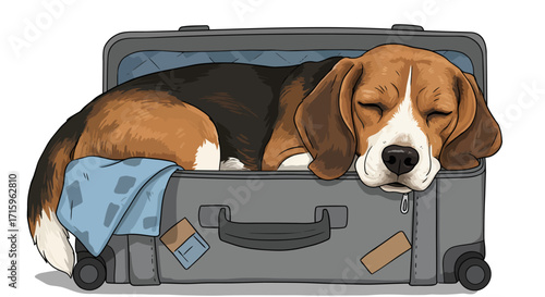A Beagle dog peacefully sleeping inside a grey suitcase, illustrated with a calm and serene style, against a white background, showing a detailed close-up view.