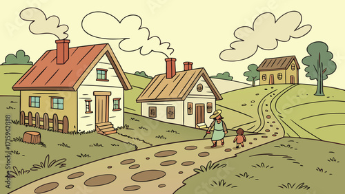 Cartoon village landscape with small houses, green trees, and a mud road running through the middle. Cute flat vector illustration for backgrounds, kids’ projects, games, and rural countryside design.