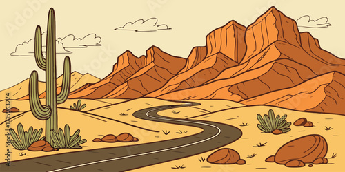 Desert landscape vector cartoon illustration with highway road, rocks, and cactuses. Scenic summer view of hot sand desert with orange mountains, blue sky, and western American atmosphere, inspired by