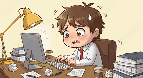 Close-up illustration of a stressed young businessman typing on his computer, surrounded by paperwork and coffee cups, in a warm-toned home office setting.