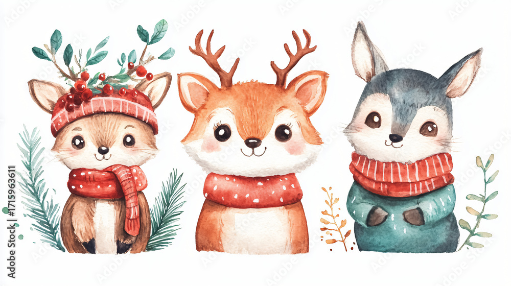 Fototapeta premium Watercolor of Woodland Animals in Festive Winter Attire