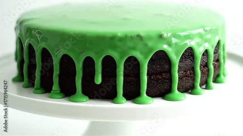 Decadent chocolate cake with vibrant green icing dripping down the sides, perfect for celebrations.