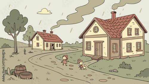Cartoon village landscape with small houses, green trees, and a mud road running through the middle. Cute flat vector illustration for backgrounds, kids’ projects, games, and rural countryside design.