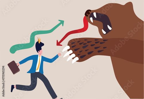 Bear market fighting with bull market, financial stock market concept, businessman wearing bull head hat fighting with huge bear with claws and green arrow rising graph and red plunging down arrow.